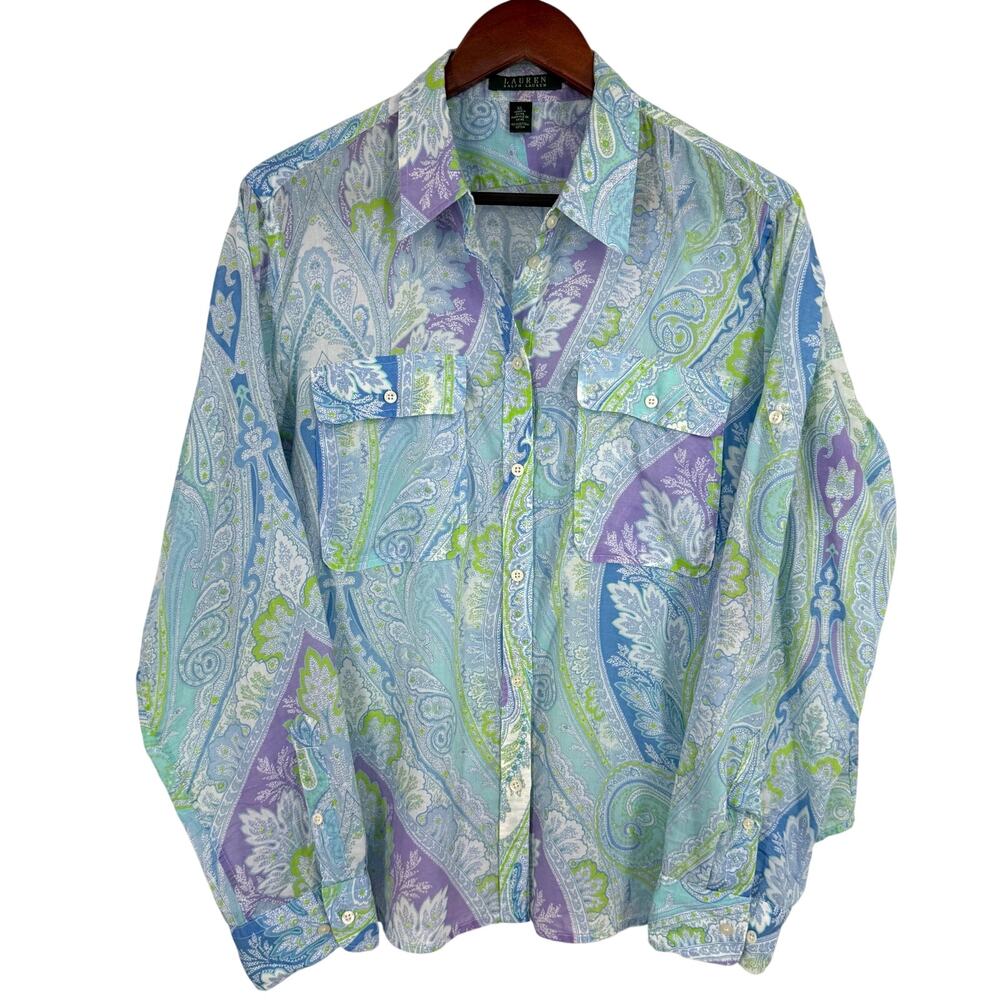 Ralph Lauren Sz XL Blue Green Tropical Lightweight Long Sleeve Blouse Shirt Top - Picture 2 of 9